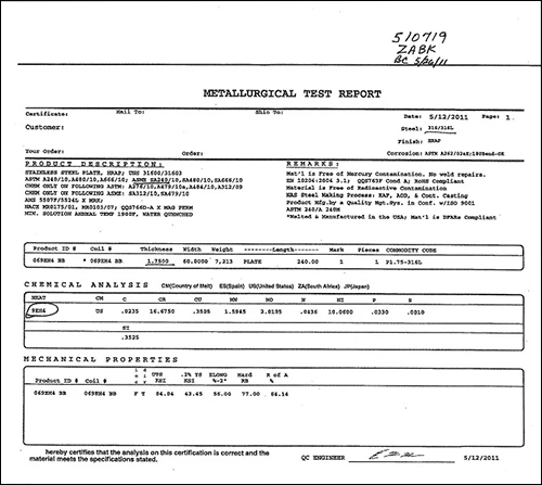 mill certificate for steel